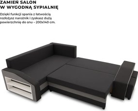 Grande sarokkanapé polcokkal és puffokkal , polc a bal karfaban puffok a jobb karfaban, baloldali, szövet anyag, hab töltet, fekete - szürke