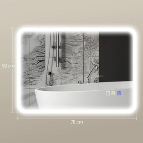 HOMCOM Bluetooth Fürdőszoba Tükör 50 x 70 cm, LED Világítású Fali Fürdőszoba Tükör Érintőkapcsolóval, Állítható 3 Színű Fény, Páramentes, Memória - Ez