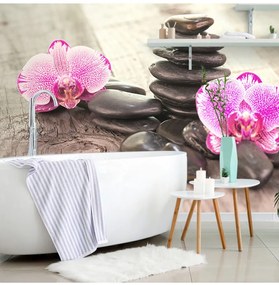 Fotótapéta orchidea és Zen kövek fa háttéren - 375x250 -