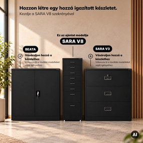 Kartotékszekrény görgőkkel, fém, 8 fiókos, dokumentumokhoz, fekete, 300x1100x600 mm: SARA V8