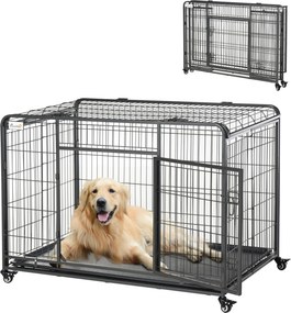 PawHut Összecsukható Fém Kutya Ketrec Nagy Kutyák Számára 125x76x81 cm Kerekekkel és Fékrendszerrel, Kivehető Tálca és Ajtó Zárakkal Golden Retriever
