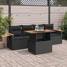 5 részes fekete polyrattan akácfa kerti kanapészett párnákkal
