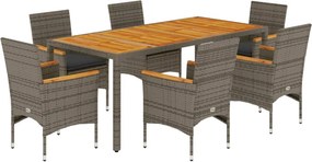 vidaXL 7részes szürke polyrattan/akácfa kerti étkezőgarnitúra párnával
