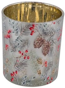 Üveg mécsestartó 12x12x18cm, fenyőágas-csipkebogyós