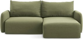 Zöld bársony kinyitható-tárolóhelyes sarokkanapé (jobb oldali-heverő résszel) Kalena – Makamii