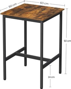 Bárasztal, 60 x 60 x 92 cm, 100 kg teherbírással, acélvázzal és lábtartóval, rusztikus barna és fekete