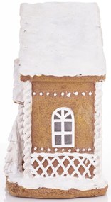 LED-es karácsonyi mécsestartó mézeskalács barna házikó fenyőfával havas tetővel mézeskalács figurákkal asztali dekoráció 23x19x12cm