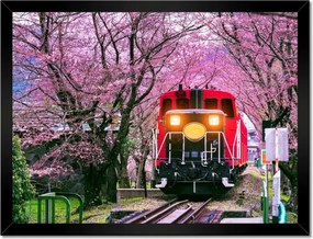 Poszterek keretben 40x30 Piros vonat rózsaszín virágok között Vasút