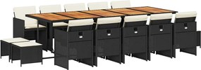 vidaXL 15 részes fekete polyrattan kerti étkezőgarnitúra párnákkal