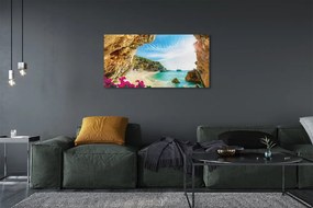 Canvas képek Görögország parti sziklák virágok 125x50 cm