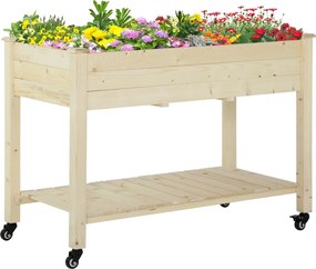 Outsunny Magas Urbánus Kertészeti Asztal 118x55x83 cm Fából Készült Magaságyás Polccal, Geotextil Anyaggal, Fékkel Ellátott Kerekekkel, Hordozható Ker