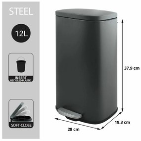 Spirella Soft-close Akira pedálos hulladékgyűjtő 12 l, matt szürke, 12 l