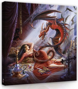 Vászonkép 40x40 Fantasy sárkány nő misztika mágia piros arany legenda