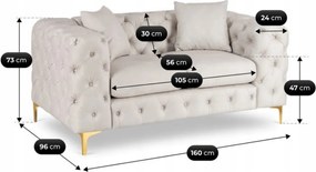 Kétszemélyes kanapé krém színben, bársony kárpittal. SORRENTO 2S