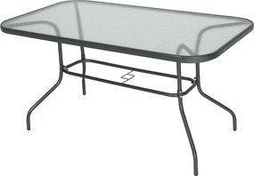 Outsunny Téglalap alakú Kültéri Kerti Asztal Ívelt Fém Élekkel és Napernyő Nyílással Edzett Üveg 70kg Teherbírás 140x80x70 cm Sötétszürke | Aosom