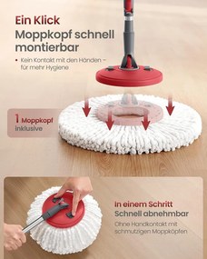 SONGMICS forgófejes felmosó készlet pedálos vödörrel, 4 huzattal, szürke-piros
