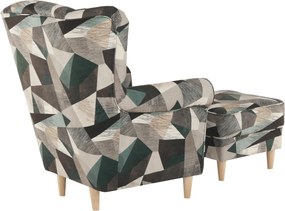 Füles fotel puffal, szövet barna-zöld minta, ASTRID
