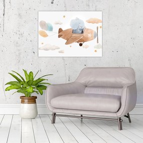 Üveg kép - Akvarell elefánt egy repülőgépen (70x50 cm)