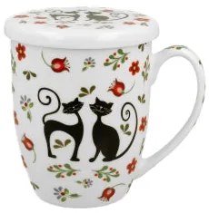 Cicás porcelán bögre tetővel fémszűrővel 430 ml dobozban Ethno Cats