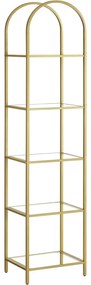 Könyvespolc, 5 szintes íves üveg tároló polc, arany színű