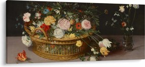 Kép - Jan Brueghel the Elder, Flowers in a Basket and a Vase, reprodukciók (120x50 cm)