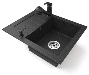 Gránit mosogatótálca NERO Monza + kihúzható zuhanyfejes Shower csaptelep + adagoló (fekete)