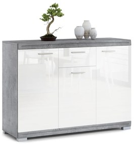 Mazzoni SIMPLE KD3SZ1 széles komód Millenium Beton/Fehér Fényes - KÖNYVESPOLC KOMÓD NAPPALIBA