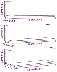3 db antik fa színű szerelt fa fali polc 58 x 18 x 18 cm