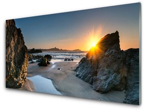 Üvegkép falra Rock Beach Sun Landscape 120x60cm 4 fogas