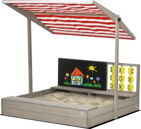 Outsunny Fa Homokozó Gyerekeknek 3-7 Éveseknek Állítható Nem Szőtt Anyagú Tetővel, 2 Személyes Pad, Krétatábla és Játékok a Teraszra, Kertbe 114x113x1