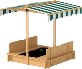 Outsunny Gyermek Fa Homokozó Állítható Napernyővel, 2 Pad és Leválasztható Háttámlákkal Kertre 106x106x115 cm Természetes Fa Zöld és Fehér Csíkokkal |