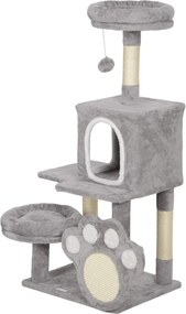 PawHut Macska Kaparófája 110 cm - Macska Fa Torony Fészkekkel, Barlanggal, Platformmal, Kaparószőnyeggel és Lógó Labdával - Világosszürke | Aosom