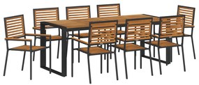 9 Részes Kerti Étkezőszett Fekete Poli Rattan Akác, Egymásra Rakható Kerti Székek Párnákkal 2 db Fekete Poli Rattan