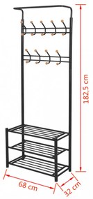 Fekete ruhaállvány cipőtárolóval 68x32x182,5 cm