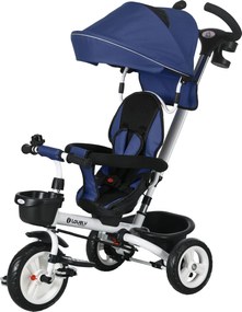 HOMCOM 6 az 1-ben Tricikli Tolózós Karral, Gyermek Tricikli Biztonsági Övvel, Összecsukható, Levehető Napernyővel, Kupa Tartóval, Kosárral, Pedállal,