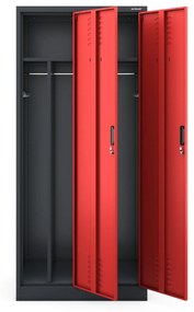 Pléh öltözőszekrény talpazaton, kétmodulos, polccal és köztes fallal KACPER, 800 x 1800 x 500 mm, antracit-piros