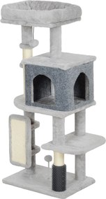 PawHut Macska Kaparófa 104 cm Magas Macska Torony Platformokkal, Kefével, Lógó Labdákkal és Kaparó Paddal - Világosszürke | Aosom