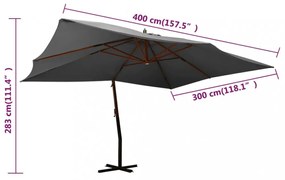 antracitszürke konzolos napernyő fa rúddal 400 x 300 cm