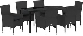 vidaXL Kert étkező szett párnával 7 pcs Fekete polirattan