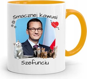 Sárga Politikus Bögre Mateusz Morawiecki Miniszterelnök fényképes nyomtatással