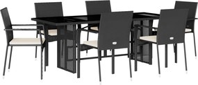 vidaXL 7 részes fekete polyrattan kerti étkezőgarnitúra párnával