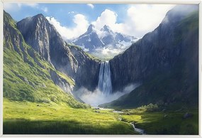 Poszter Keret Alumínium Tájkép Hegyek Csúcsok Panoráma Vízesés Folyó 60x40