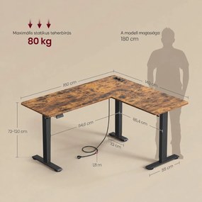 Elektromos magasságállítható L-alakú íróasztal, 140 x 160 cm, töltőállomással, 2 memóriahelly