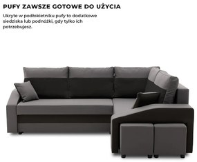 Grande sarokkanapé polcokkal és puffokkal , polc a bal karfaban puffok a jobb karfaban, jobboldali, szövet anyag, hab töltet, szürke - fekete