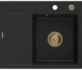 Mexen Ben gránit mosogató 1 rekeszes, csepegtetőtálcás, jobb oldali 600 x 500 mm, fekete, arany szifon - 6523605000-77-G