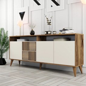 Krémszínű-natúr színű alacsony komód diófa dekorral 180x79 cm Milan – Kalune Design