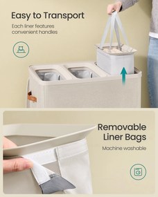 Szennyestartó Kosár, 190 L-es, 3 Rekeszes Szennyeskosár, 64 x 40 x 75 cm, Cappuccino Bézs