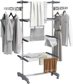 HOMCOM Szárítótorony 4 Szinttel, Összecsukható Szárnyakkal, Kerekekkel, Belső és Külső Használatra - 142 x 55 x 172 cm, Szürke | Aosom