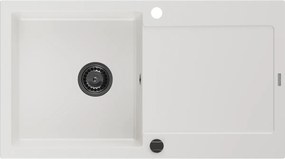 Mexen Leo  konyhai mosogató gránit 1 medence+csepegtetö+ pop up szifon  900 x 500 mm, fehér , szifon  fekete  - 6501901010-20-B 1 medencés