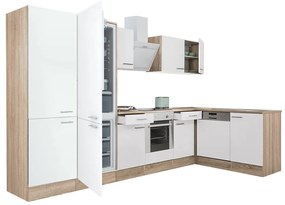 Yorki 340 sarok konyhablokk sonoma tölgy korpusz,selyemfényű fehér front alsó sütős elemmel polcos szekrénnyel, alulfagyasztós hűtős szekrénnyel